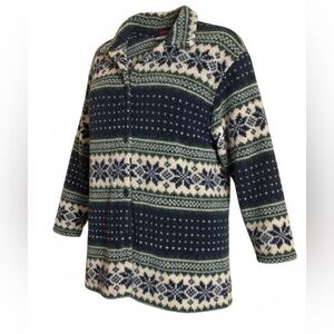 Vtg Palmettos Fair Isle Navy Green‎ Button Up Unisex Fleece USA Made Shacket M